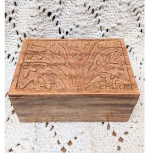 Matr Boomie Carved Mango Wood Jewelry Box Tree of Life Storage Chest with Tray